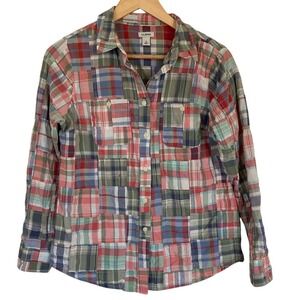 L.L. Bean Womens Madras Plaid Patchwork Button Up Shirt Size Small 501579 Preppy
